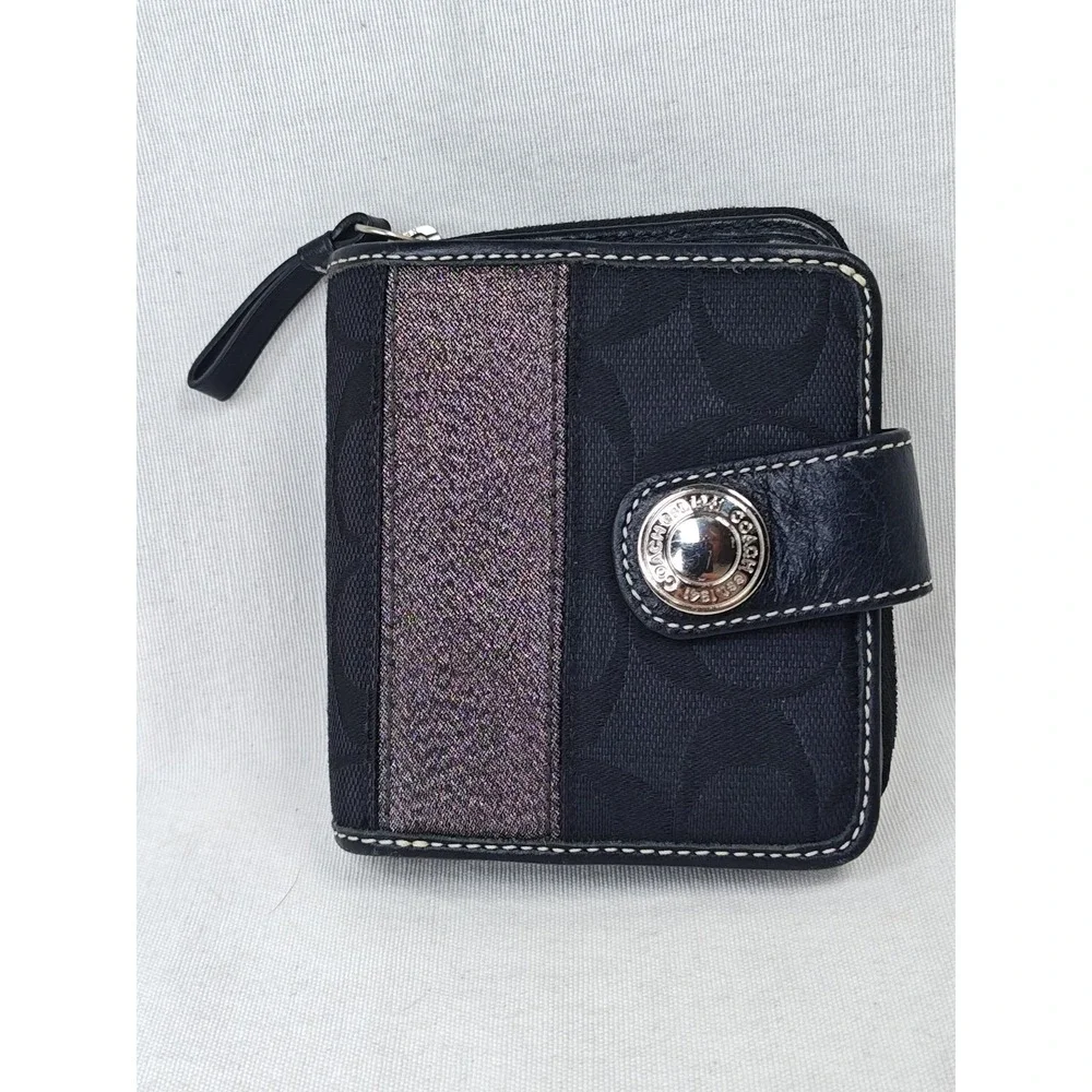 COACH 40751 Legacy Signature Stripe Bifold Compact Wallet Glitter Black Canvas